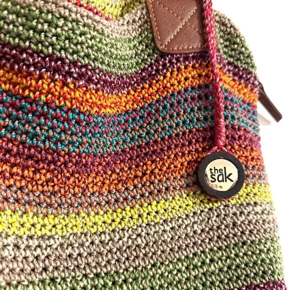 The Sak Cambria Crochet Boho Knit Hobo Tote Bag Purse Rainbow Multicolor Striped - Picture 3 of 7